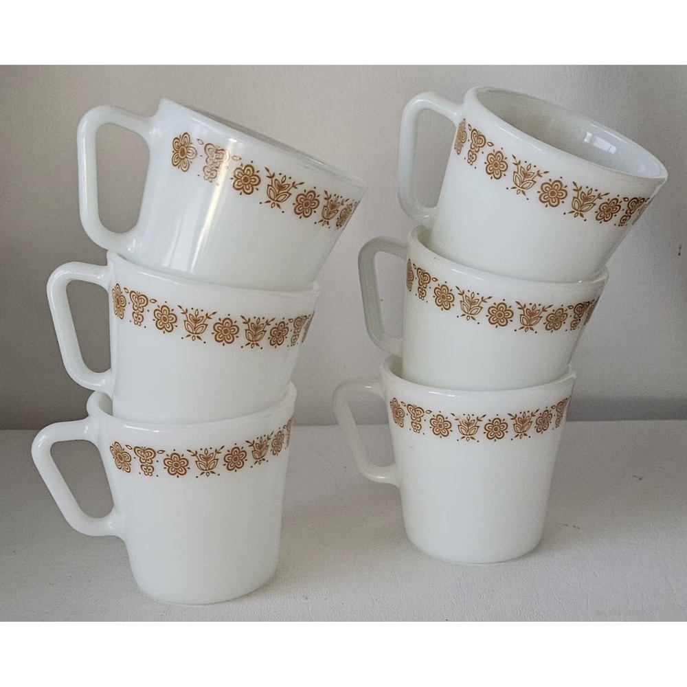 VTG Pyrex Butterfly Gold Milk Glass Coffee Mugs Cups D Handle Set Of 6 USA Made